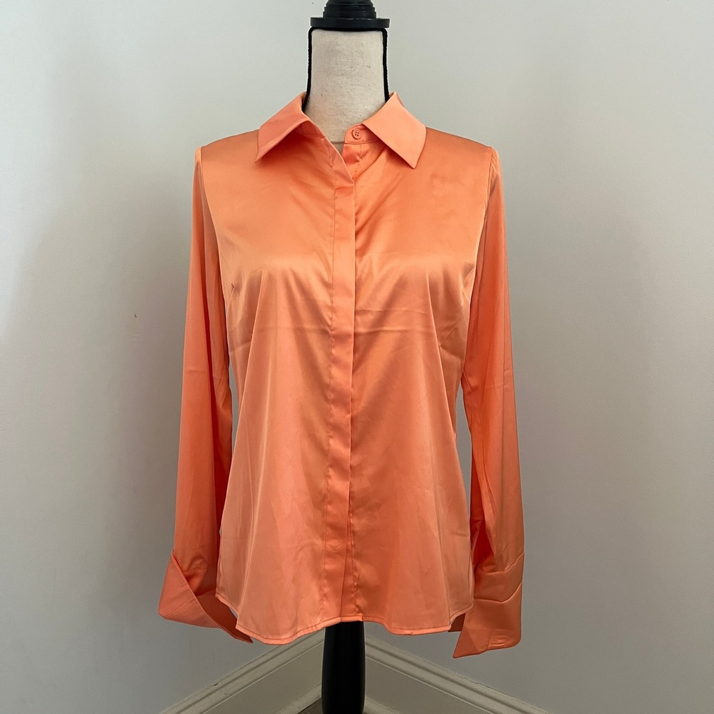 Orange Silk Button Down Blouse size 6‎ Apricot Long Sleeve Office Corporate Chic